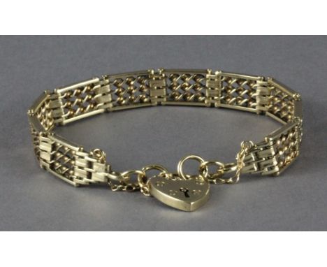 A 9ct gold twisted gate-link bracelet with heart-shaped padlock clasp, marked '9 375' 25grams. 0.88oz; a double curb type lin