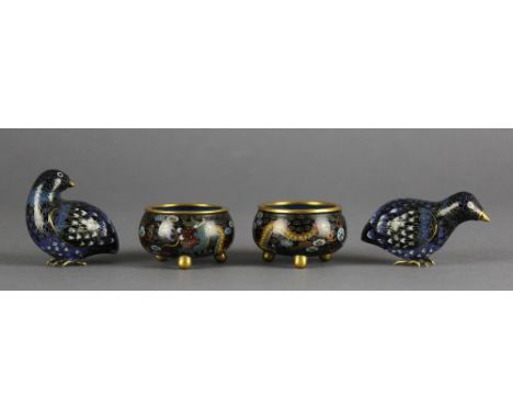 A pair of fine Chinese cloisonne salts, gilded and of black ground, on tiny tripod bun feet, each 4.5cm diameter x 2.5cm high