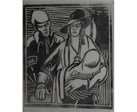 Manner of Kathe Kollwitz (1867-1945) - Woodblock print - Couple with child, 23cm x 19cm, in gilt frame and glazed With creasi