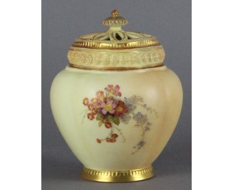 A Royal Worcester blush ivory porcelain pot pourri, date code for 1896. 13.5cm high. Restoration to pierced cover.