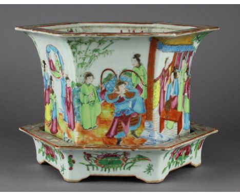 A 19th century Canton famille rose porcelain hexagonal planter and stand. 19cm high x 27.5cm wide. Some enamel losses, wear a