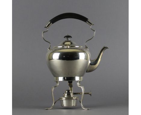 A late Victorian silver plated tea kettle, with burner and stand for same, 31cm high, a plated salver, and a Continental whit