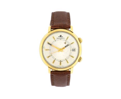 Jaeger Le Coultre: A Gold Plated Automatic Calendar Centre Seconds Alarm Wristwatch, signed Jaeger LeCoultre, model: Memovox,