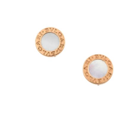 A Pair of 18 Carat Gold Mother-of-Pearl Earrings, by Bulgarithe round mother-of-pearl plaques within rose borders inscribed B