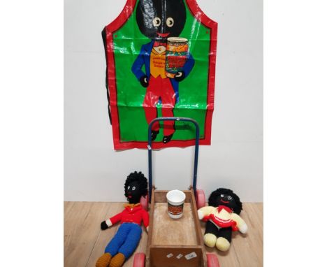 2 GOLLY SOFT TOYS TOGETHER WITH GOLLY APRON AND MUG AND A VINTAGE BABY WALKER
