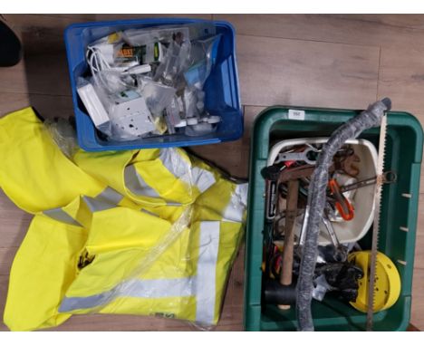 2 BOXES OF MISCELLANEOUS HAND TOOLS AND FITTINGS ALSO INCLUDES HI VIS COAT SIZE XL