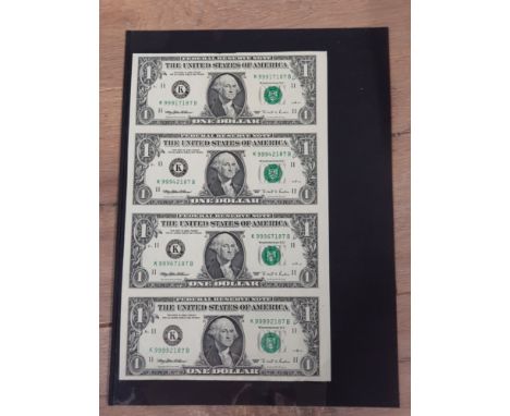 UNUSUAL ITEM UNCUT STRIP OF FOUR UNCIRCULATED USA ONE DOLLAR BILLS