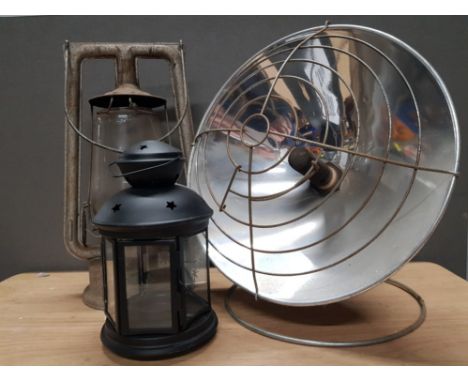 BRITISH BULLFINCH PARAFFIN HEATER LAMP TOGETHER WITH CHALWYN LYNX TILLEY LAMP PLUS A CANDLE LANTERN