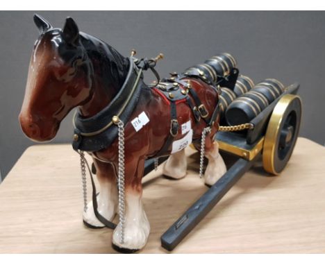 LARGE CERAMIC HORSE AND BARREL CARRIAGE