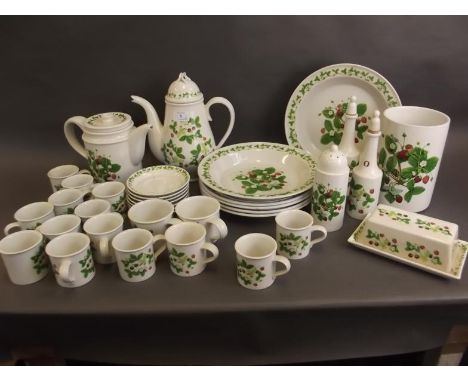 A Portmeirion 'Strawberry' pattern part tea and coffee service comprising tea and coffee pots, six large plates, oil and vine