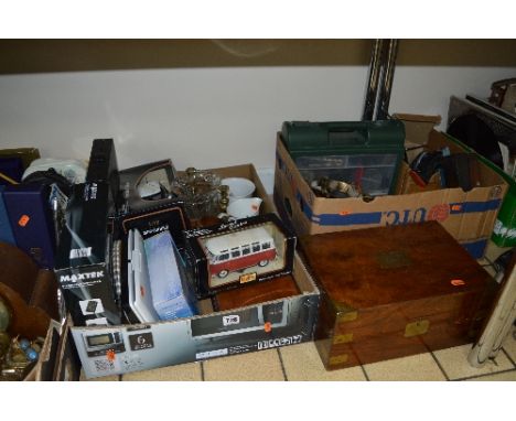 TWO BOXES AND LOOSE SUNDRY ITEMS, to include writing slope, two boxed die-cast vehicles, games, boxed portable DVD player, to