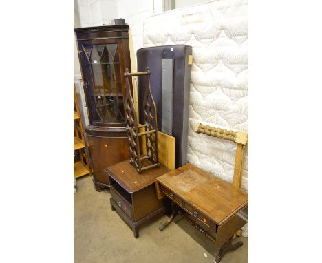 A MODERN MAHOGANY CORNER CUPBOARD, Stag bedside cabinet, a mahogany sofa table, a wine rack and an oak barley twist coffee ta