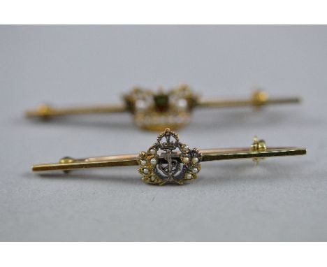 TWO SWEETHEART NAVAL BROOCHES, a royal naval sweetheart seed pearl and enamel brooch, measuring approximately 42mm in length,