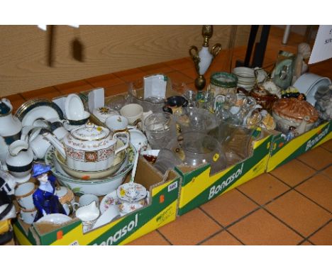 THREE BOXES OF CERAMICS, GLASS ETC, to include Hammersley inkstand (s.d), Royal Crown Derby 'Red Derby Panel' teapot (cracked