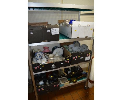 SIX BOXES AND LOOSE CERAMICS, GLASS, PANS, BAROMETER, LIFEBELT ETC