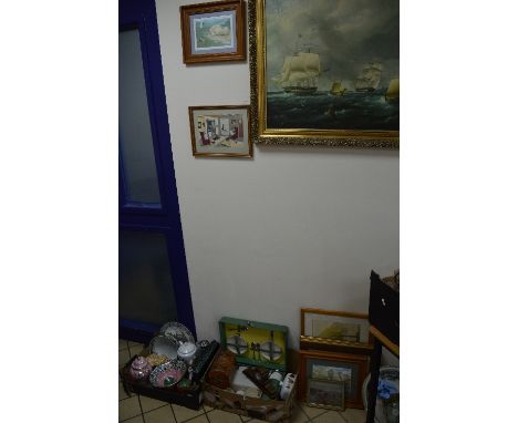 TWO BOXES AND LOOSE CERAMICS, PICTURES, Sirram picnic box, timepiece etc, to include Maling 'Clematis' lustre footed bowl and