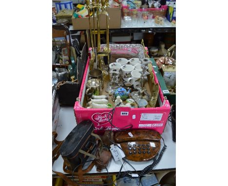 A BOX AND LOOSE CERAMICS AND SUNDRY ITEMS, to include cased 'The Magnapole' compass, Wacht binoculars, telephone, brass compa