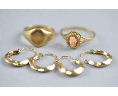A MIXED LOT, to include a 9ct signet ring, ring size L, a 9ct cameo ring, ring size R, 2 draws of 9ct earrings approximate we