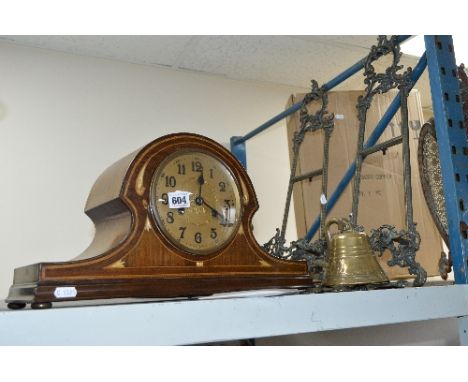 AN INLAID MANTEL CLOCK (KEY AND PENDULUM), together with two brass picture stands, a small brass bell and a brass coal bucket