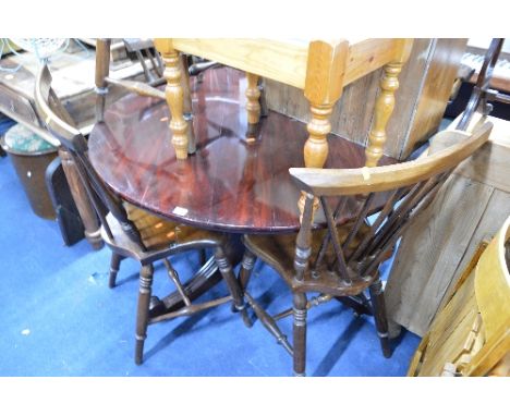 A MODERN MAHOGANY CIRCULAR TRIPOD TABLE, on scrolled legs and five mahogany spindle back chairs (6)