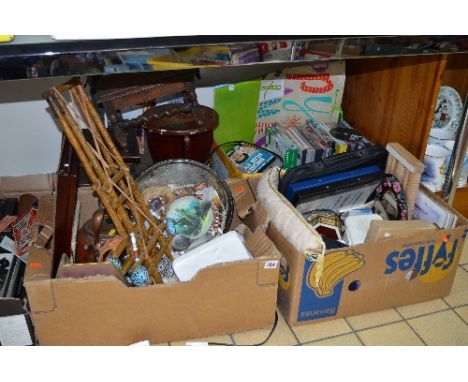 THREE BOXES AND LOOSE SUNDRY ITEMS, to include cutlery, Indian Tourist items, dvd's, stool, display stand etc