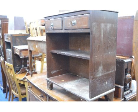 A MODERN MAHOGANY OPEN BOOKCASE, a mahogany piano stool, sofa table, Singer sewing machine and an oak cupboard (5)