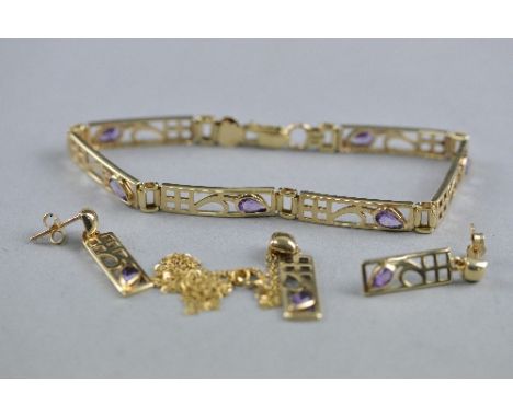 A MODERN 9CT GOLD RENNIE MACKINTOSH STYLE AMETHYST SUITE OF JEWELLERY, comprising of a panel link bracelet, open work designs