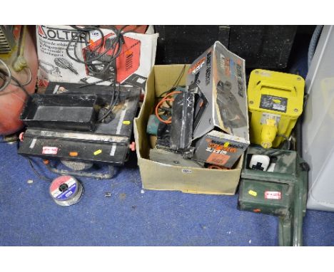 A BOX OF POWER TOOLS, a Black and Decker planer, a hedge cutter, a 110v transformer, (spares and repairs), two wooden tool bo