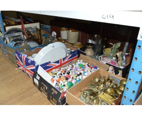 FIVE BOXES AND LOOSE CERAMICS, GLASS, METALWARE, SUNDRIES ETC, to include quantity Mcdonald Dalmatian toys, meerkat figures, 
