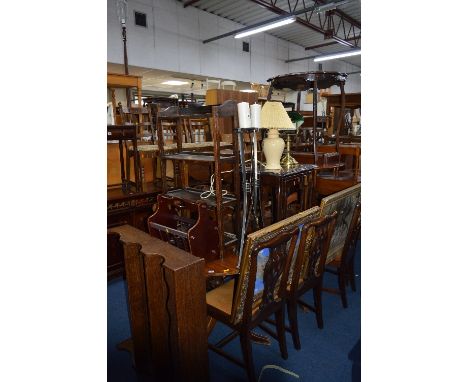 A MODERN MAHOGANY CIRCULAR OCCASIONAL TABLE, an oak occasional table and a mahogany nest of three tables, modern wall clock, 