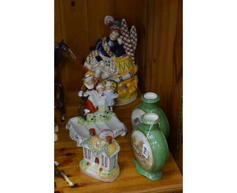 A PAIR OF PRATTWARE MOON FLASKS, having double side transfer printed decoration 'Shakespeares House' and 'Anne Hathaways Cott