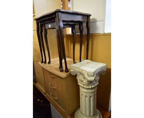 A MAHOGANY NEST OF THREE TABLES, a modern drum table and a ceramic plant stand (3)