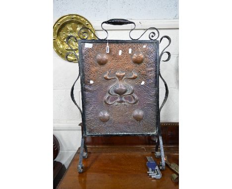 AN ARTS AND CRAFTS COPPER AND IRON FIRESCREEN, approximate size 78cm x width 52cm