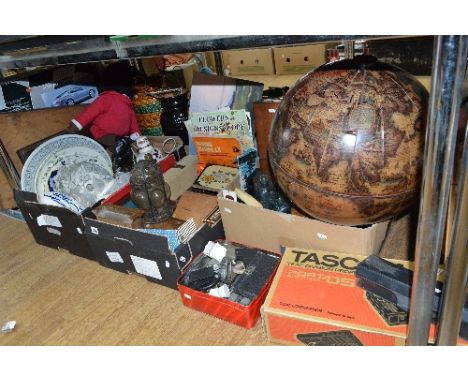 FOUR BOXES AND LOOSE SUNDRY AND CERAMIC ITEMS ETC, to include Mason's 'Mandalay' lamp base, glass shades, novelty world globe