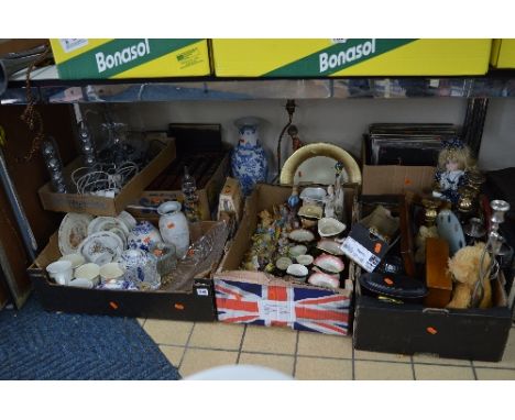 SIX BOXES AND LOOSE SUNDRY ITEMS, CERAMICS, GLASS, RECORDS ETC, to include cufflinks, clocks, candlesticks, books, toby/chara