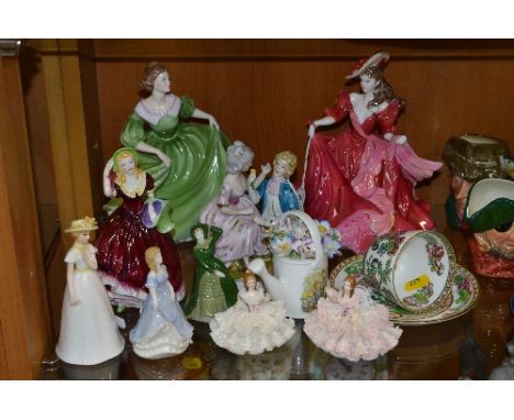 A GROUP OF CERAMICS, to include Coalport 'Scarlett' and 'Sally Anne' figures, Wade 'Lisa' and 'marie', small Dresden lace wor