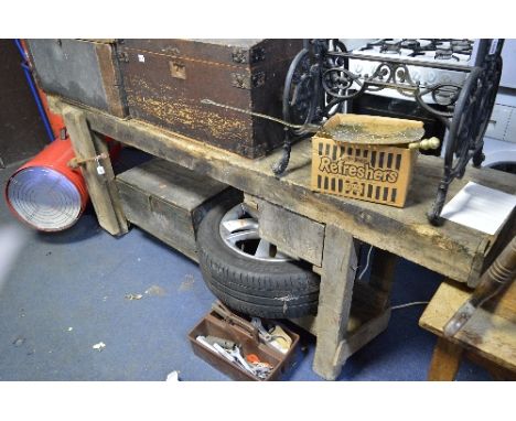 A VINTAGE WOODEN WORK BENCH, with vice attached and an under shelf and one drawer