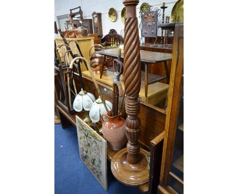 A MODERN MAHOGANY STANDARD LAMP, ten various table lamps, needlework picture and a terracotta jug with contents (18)
