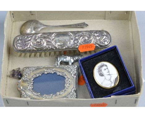 A BOX OF MISCELLANEOUS, to include silver picture frame, hair brush, spoon, etc