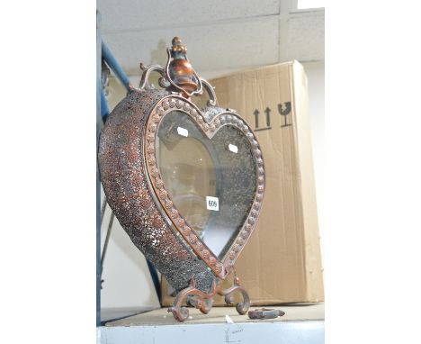A HEART SHAPED METAL LANTERN, height approximately 51cm (foot loose) with a box 
