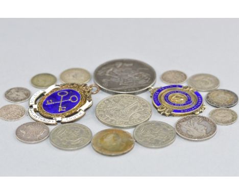 A BAG OF MIXED COINS, enamel fobs etc