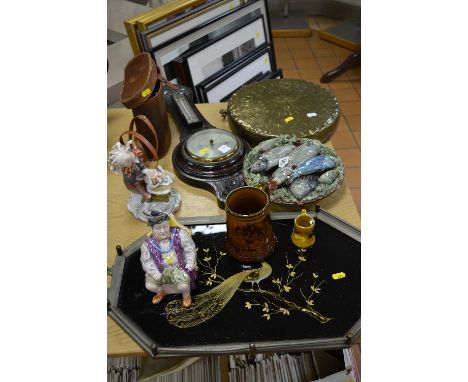 VARIOUS SUNDRY ITEMS, to include majolica style fish plaque (fins broken), barometer, brass gong, tray, continental porcelain