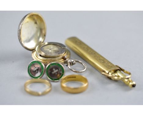 A COLLECTION OF JEWELLERY AND MISCELLANEOUS ITEMS, to include a mid 20th Century 22ct 'D' shaped wedding band, measuring appr