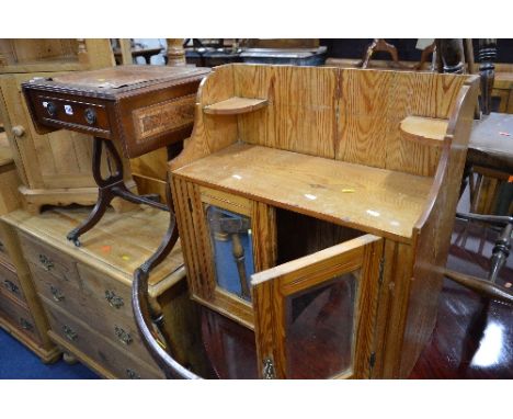 A PITCH PINE MIRRORED TWO DOOR HANGING CUPBOARD, a mahogany sofa table, a two tier galleried stand and a wine table (4)