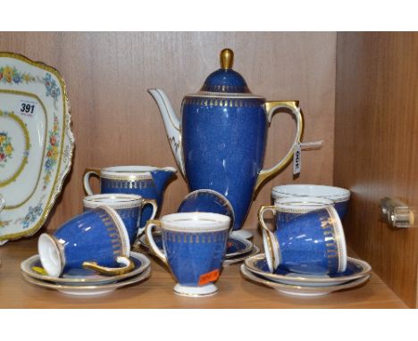 A SPODE 'RYDE' COFFEE SET, blue and gilt detail, comprising coffee pot, cream jug, sugar bowl and six coffee cups/saucers