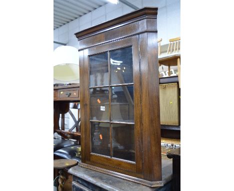 A MODERN MAHOGANY HANGING CORNER CUPBOARD, a mahogany sofa table, chrome standard lamp, an oak occasional table, an oak wine 