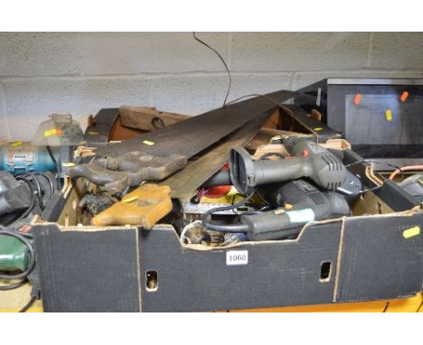TWO TRAYS OF HAND AND POWER TOOLS, including wooden planes and a block plane