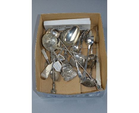 A BOX OF MIXED SILVER, including spoons, forks, caddy spoons etc