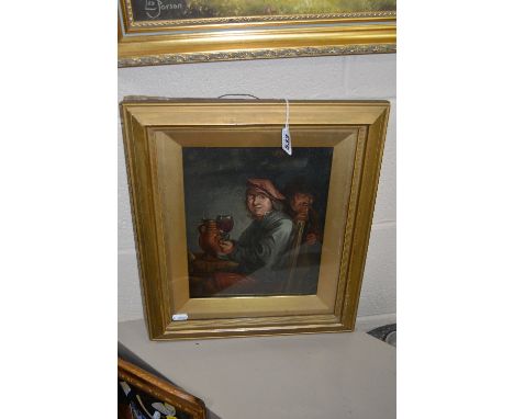19TH CENTURY CONTINENTAL SCHOOL Tavern interior scene of a man smoking a pipe and a man seated holding a glass of wine, oil o