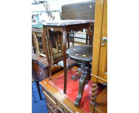 TWO OAK NEST OF THREE TABLES, a mahogany occasional table, a mahogany stool and a pair of chrome framed retro stools, Tavo la